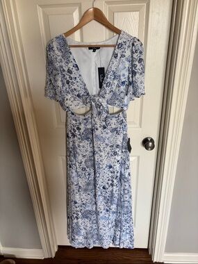 Lulu's Blue and White Floral Tie-Front Maxi Dress with Cutouts